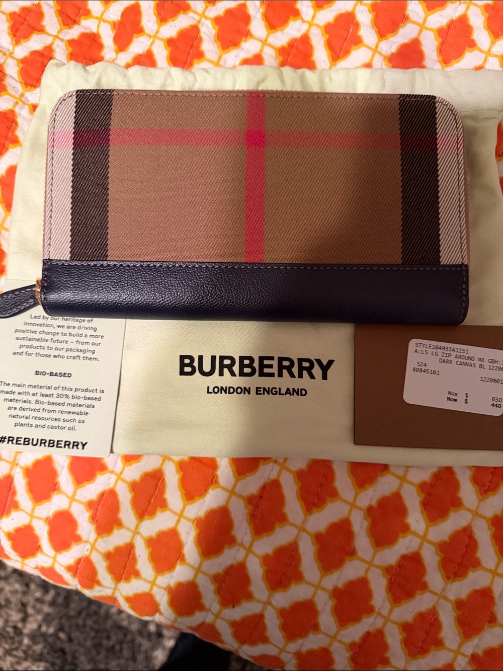 Burberry Check Zip Wallet in Beige, Navy & Red Accent